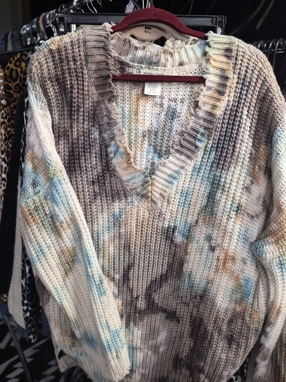 Main Strip Tie-Dye V-Neck Sweater in Cream, Blue & Brown